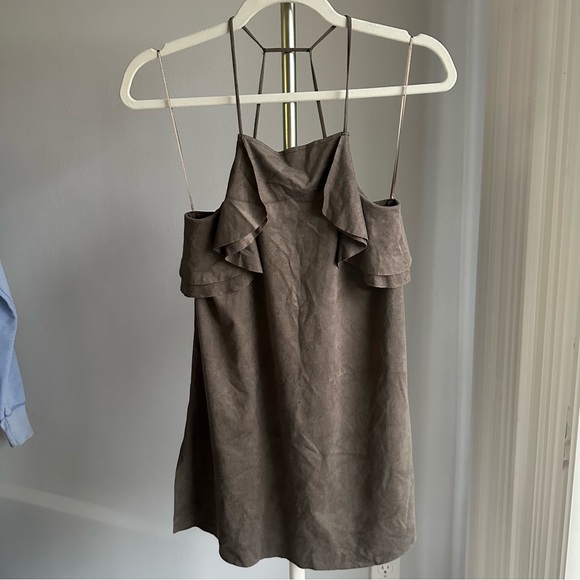 ZARA Faux Suede Side Slits Ruffle Strappy Mini Slip Dress in Stone Gray - Picture 2 of 7